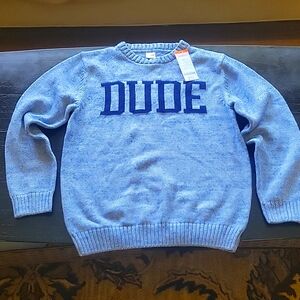 NWT super cute Heather blue cotton sweater says "DUDE" on front.